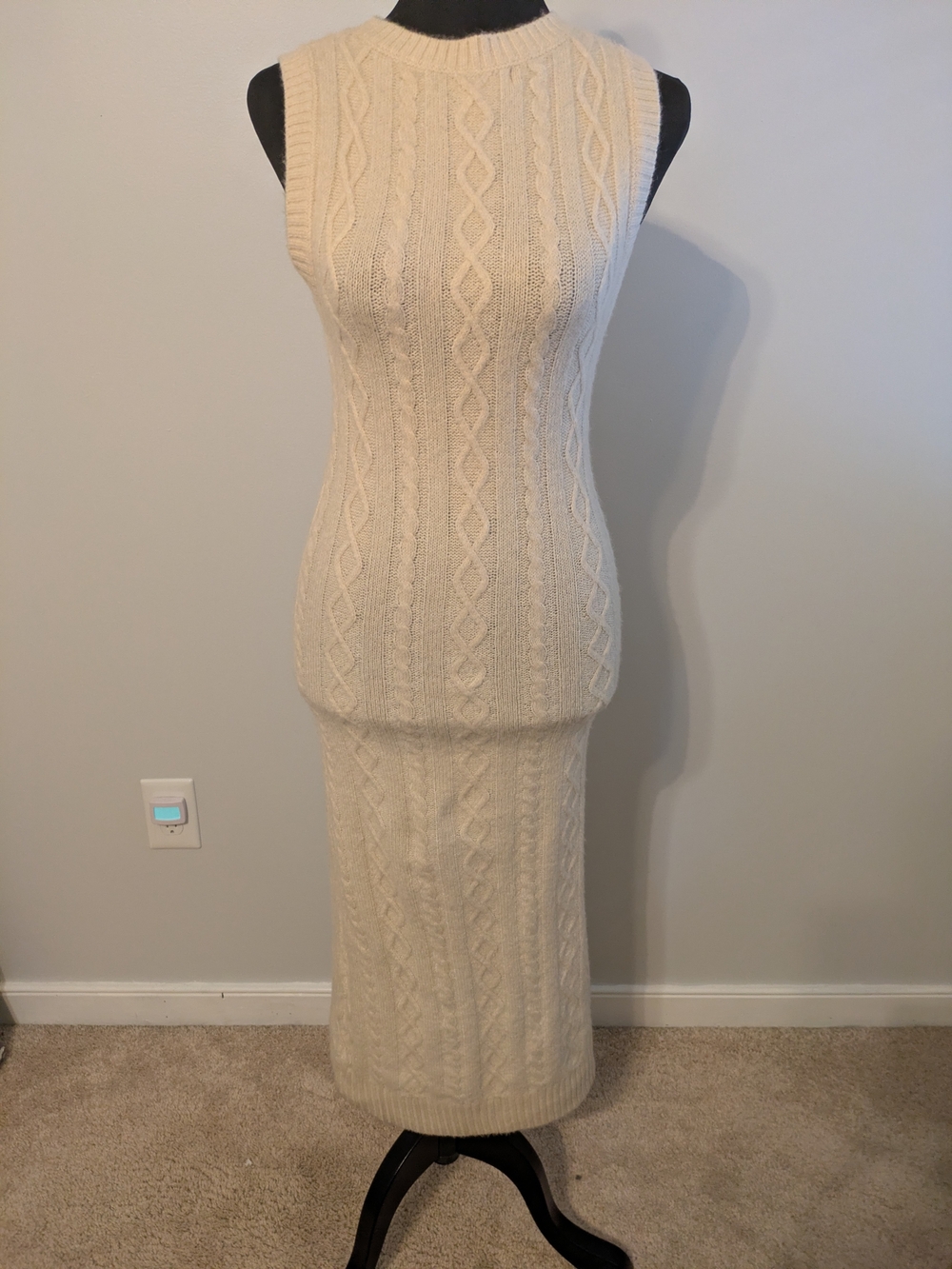 Grade & Gather Sleeveless Cable Knit Cream Sweater Dress Size S Maxi Crew Neck